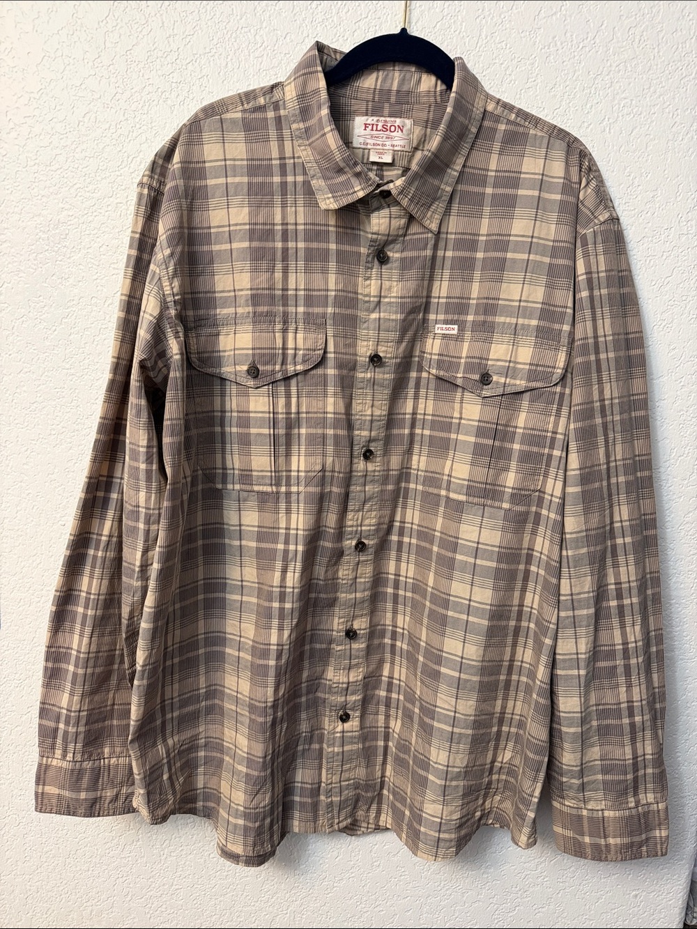 Filson Taupe and Gray Plaid Cotton Button-Down Shirt